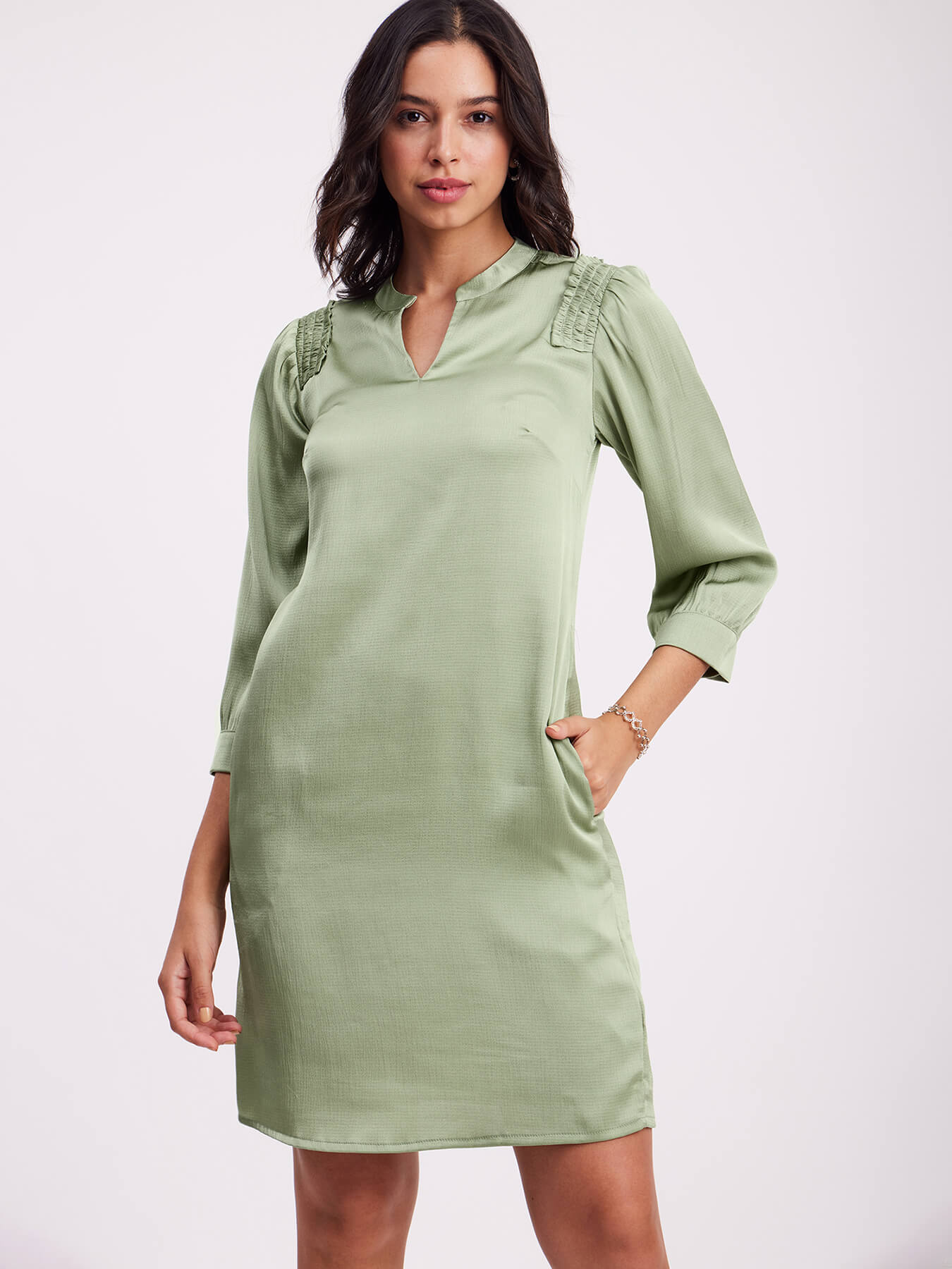 Satin Round Neck Dress - Sap Green