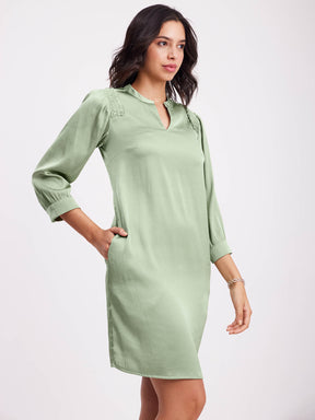 Satin Round Neck Dress - Sap Green