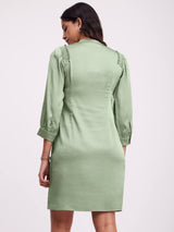 Satin Round Neck Dress - Sap Green