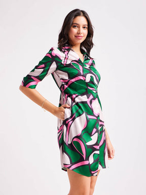 Satin Wrap Pleated Dress - Multicolour