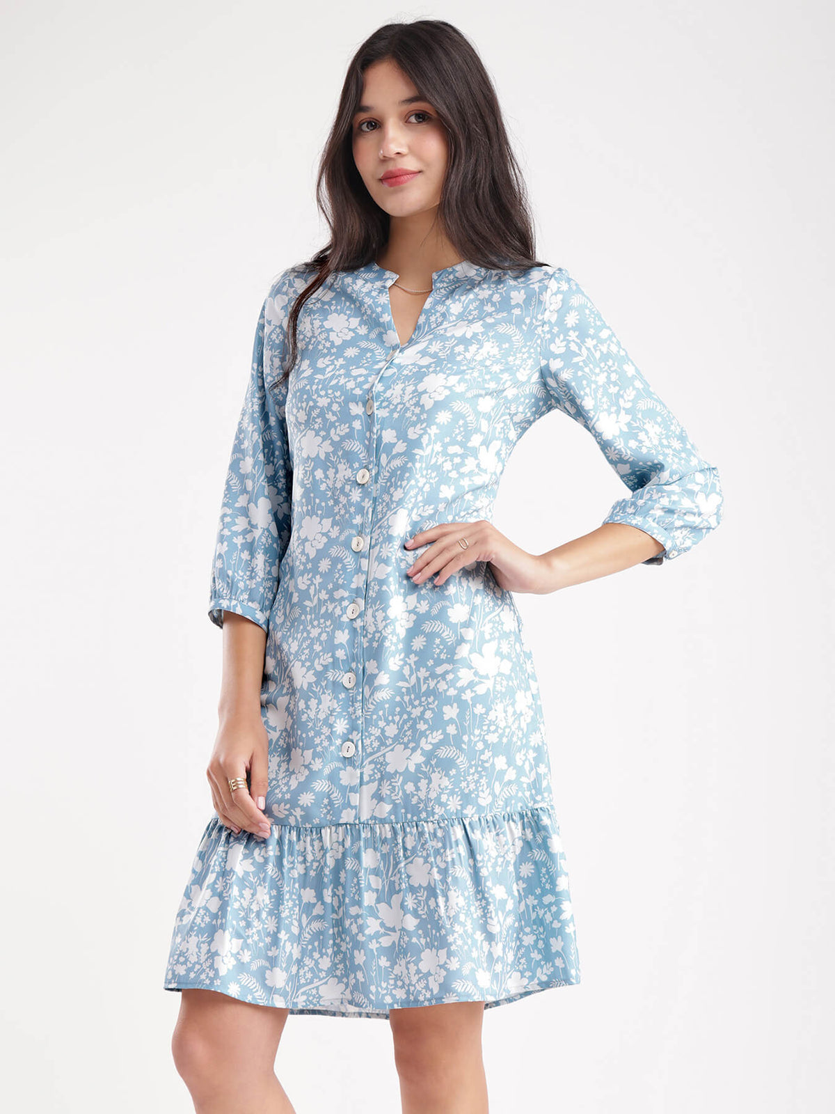 Floral Print Tiered Dress - Blue
