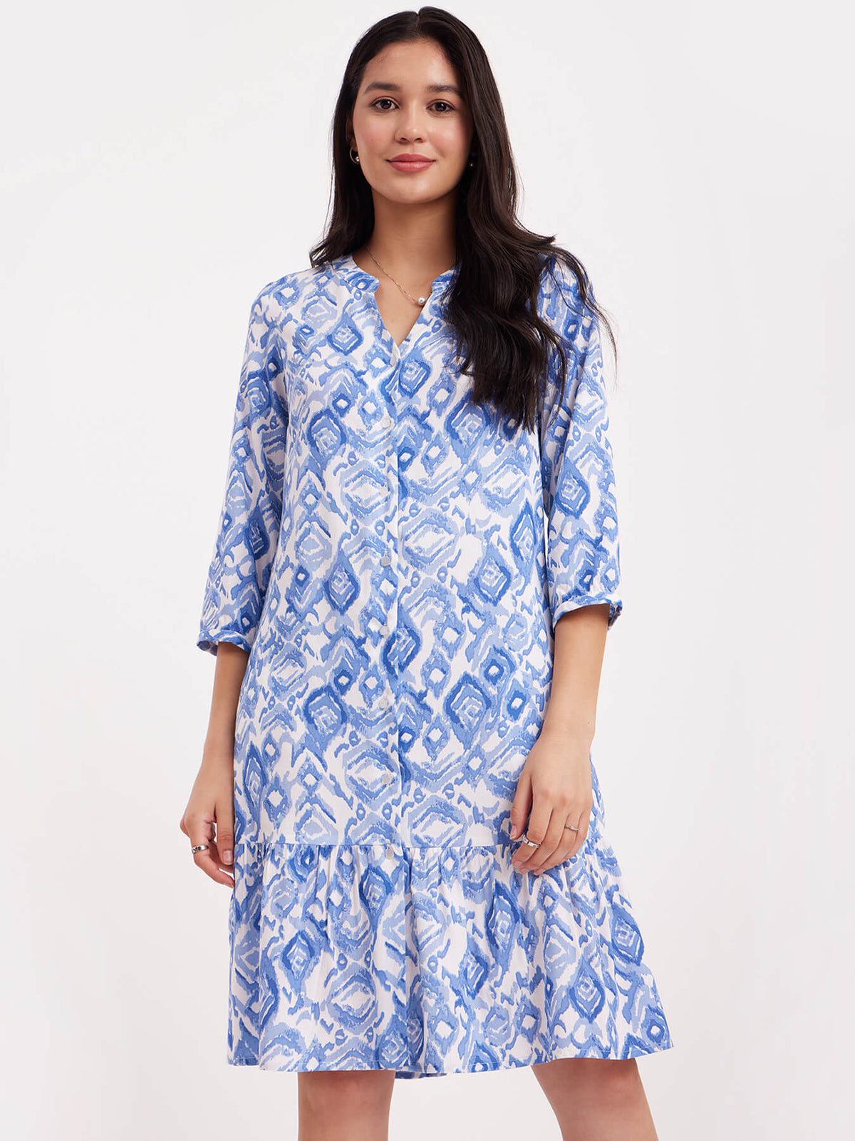Abstract Print Shirt Dress - Blue And White