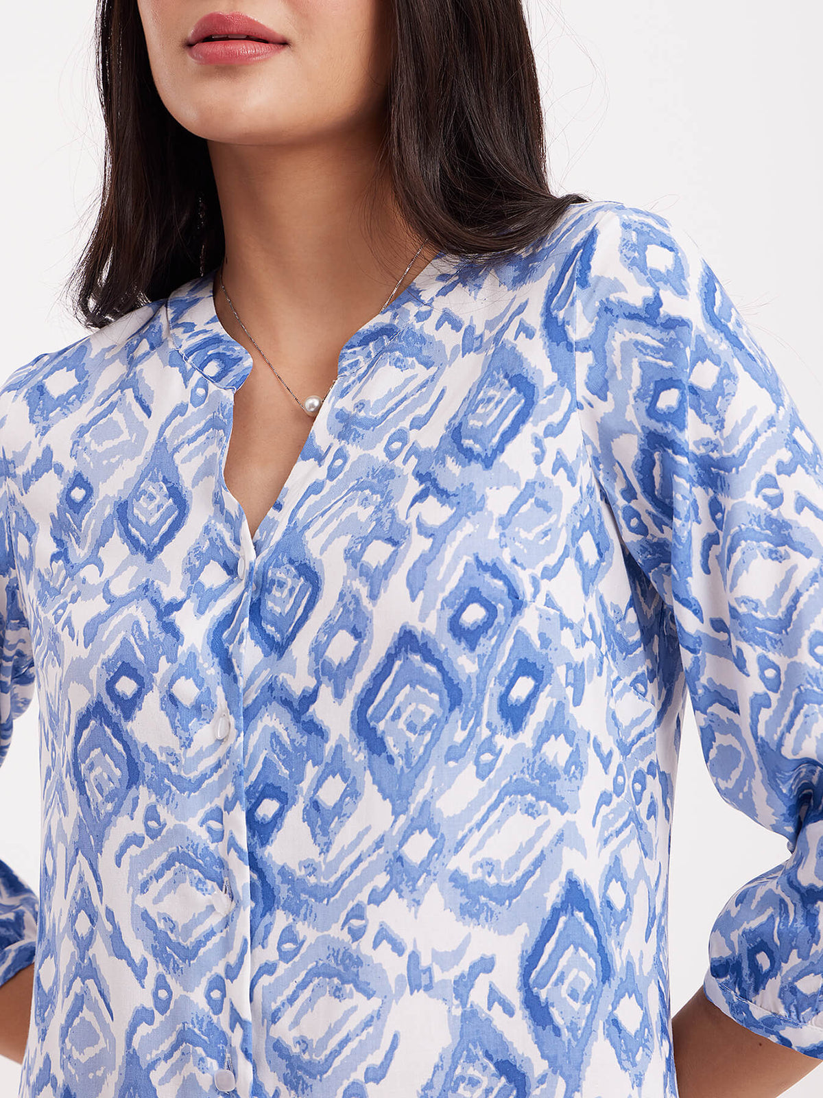 Abstract Print Shirt Dress - Blue And White