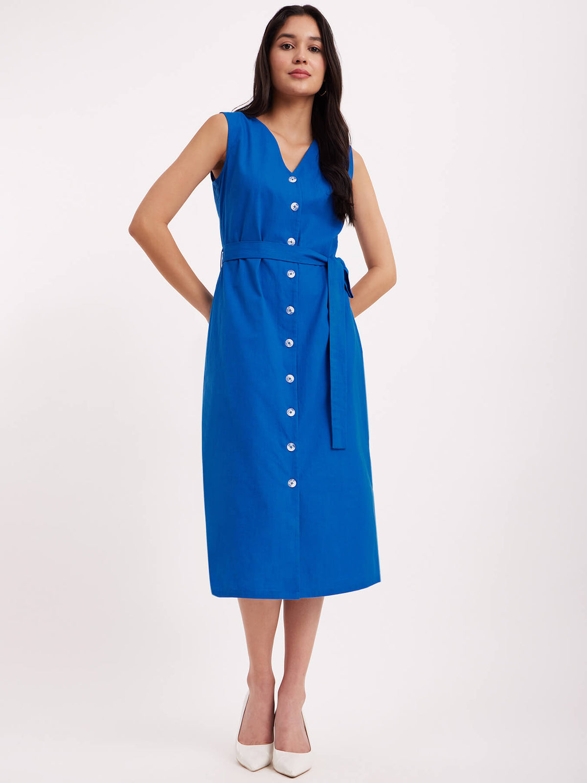 Linen V-Neck Shirt Dress - Blue