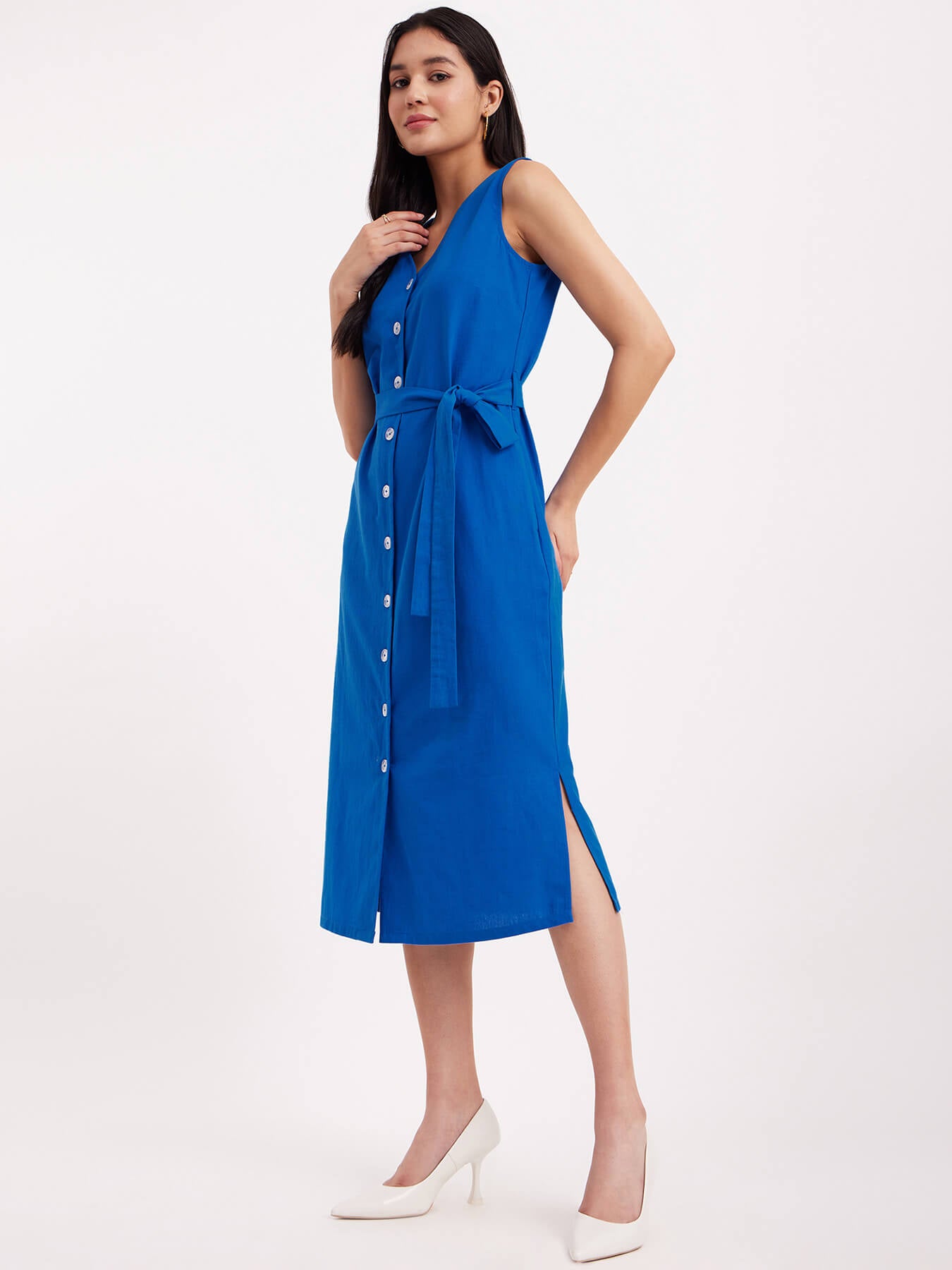 Linen V-Neck Shirt Dress - Blue