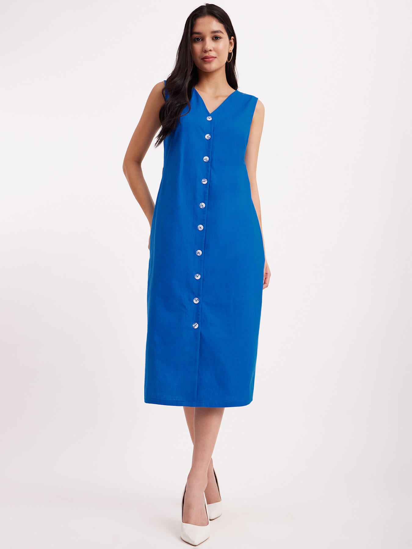 Linen V-Neck Shirt Dress - Blue