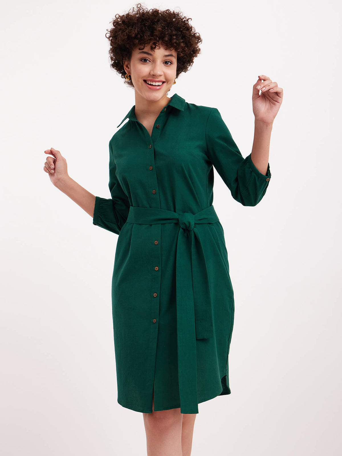Linen Classic Shirt Dress - Green