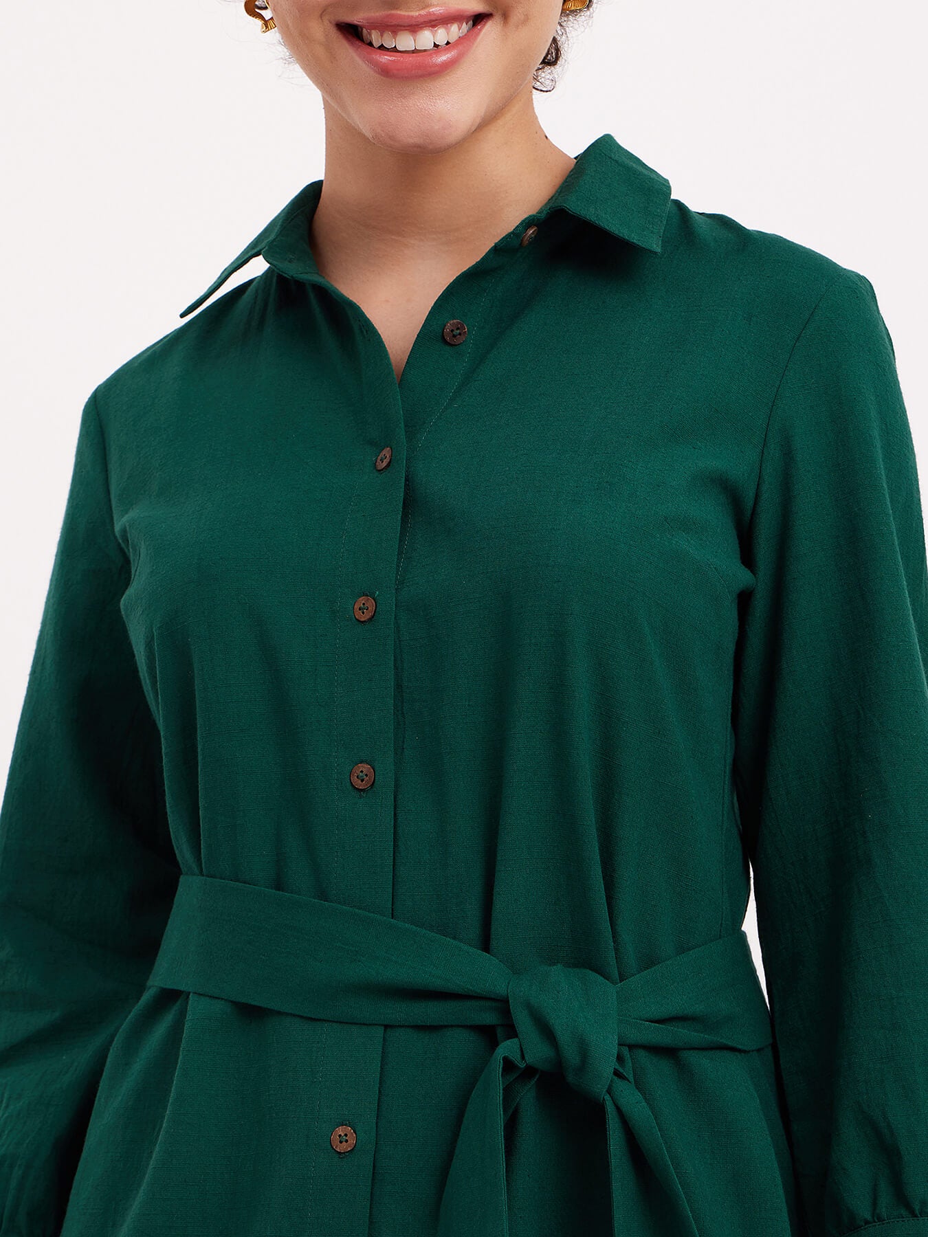 Linen Classic Shirt Dress - Green