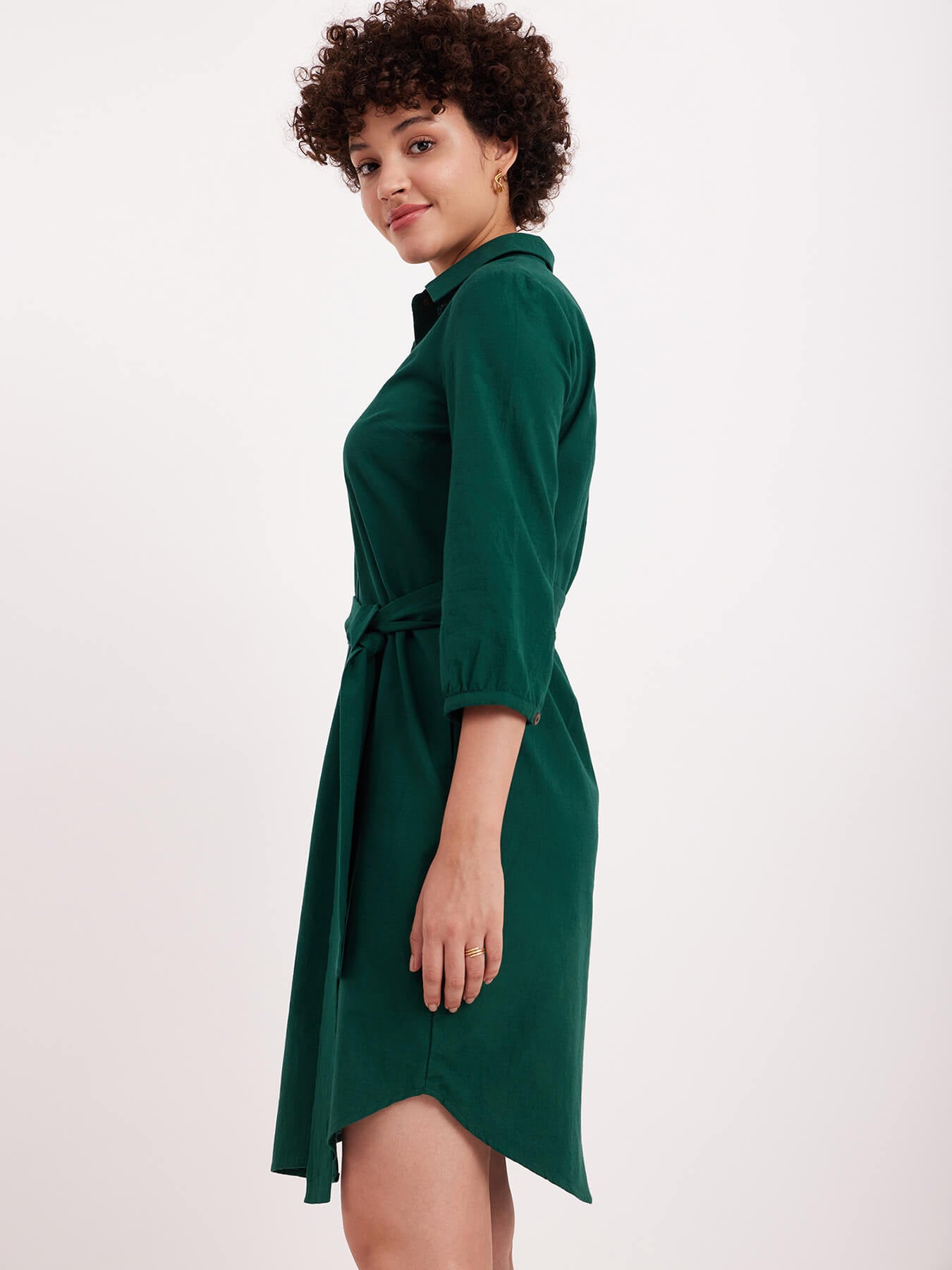 Linen Classic Shirt Dress - Green