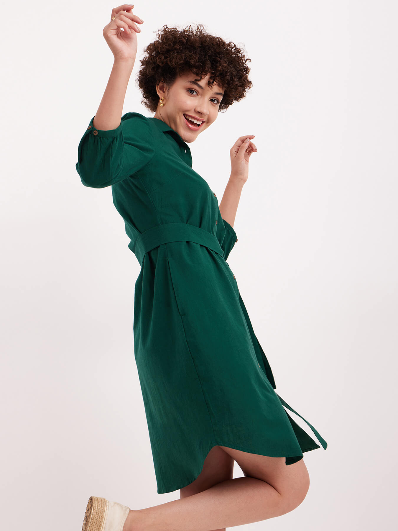 Linen Classic Shirt Dress - Green