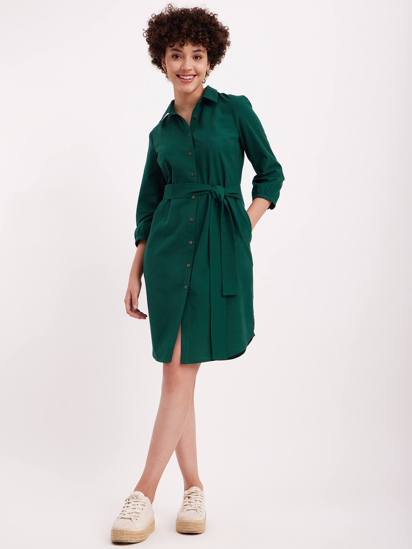 Linen Classic Shirt Dress - Green