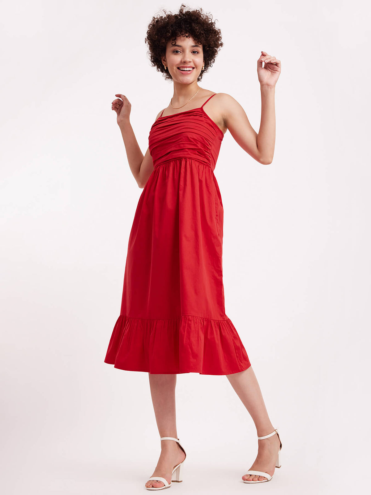 Cotton Pleat Detail Dress - Red