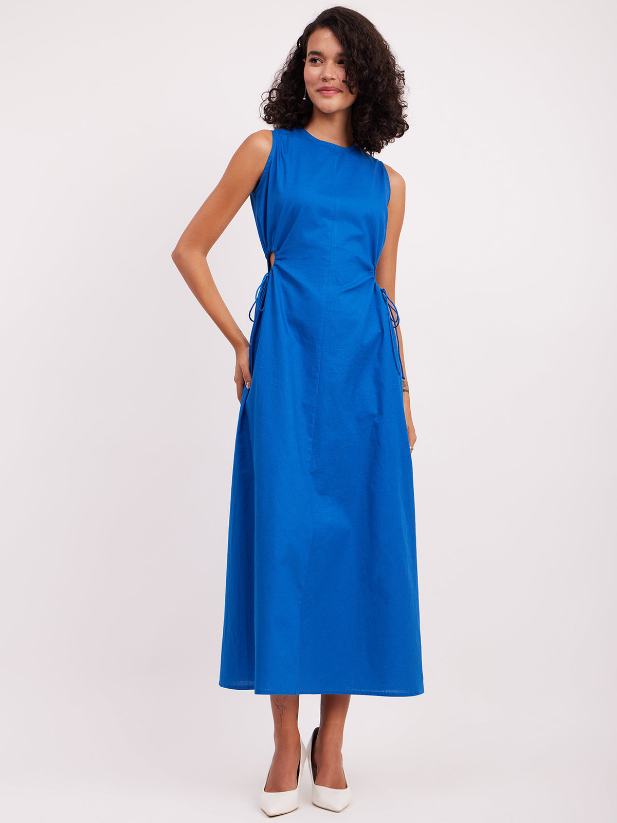 Linen Cutout Detail Dress - Blue