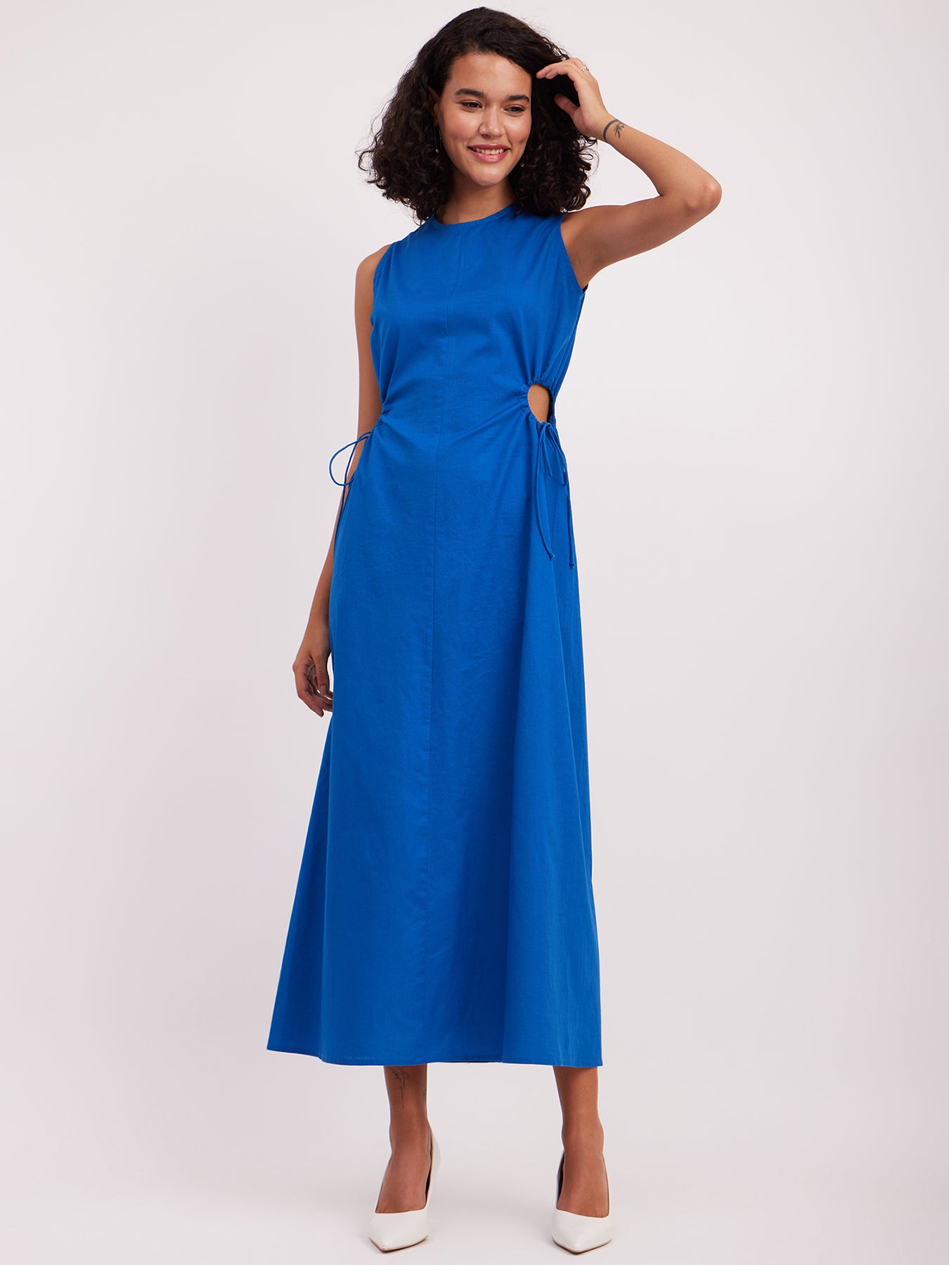 Linen Cutout Detail Dress - Blue