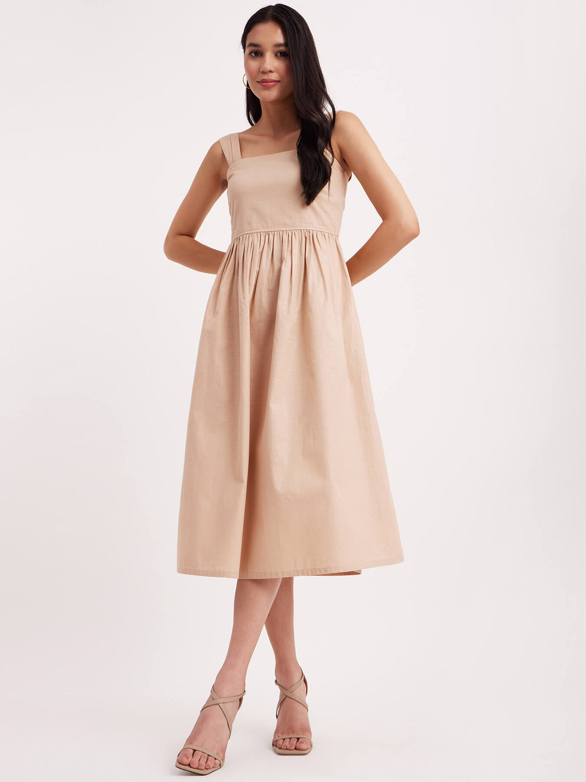 Linen Fit And Flare Dress - Beige