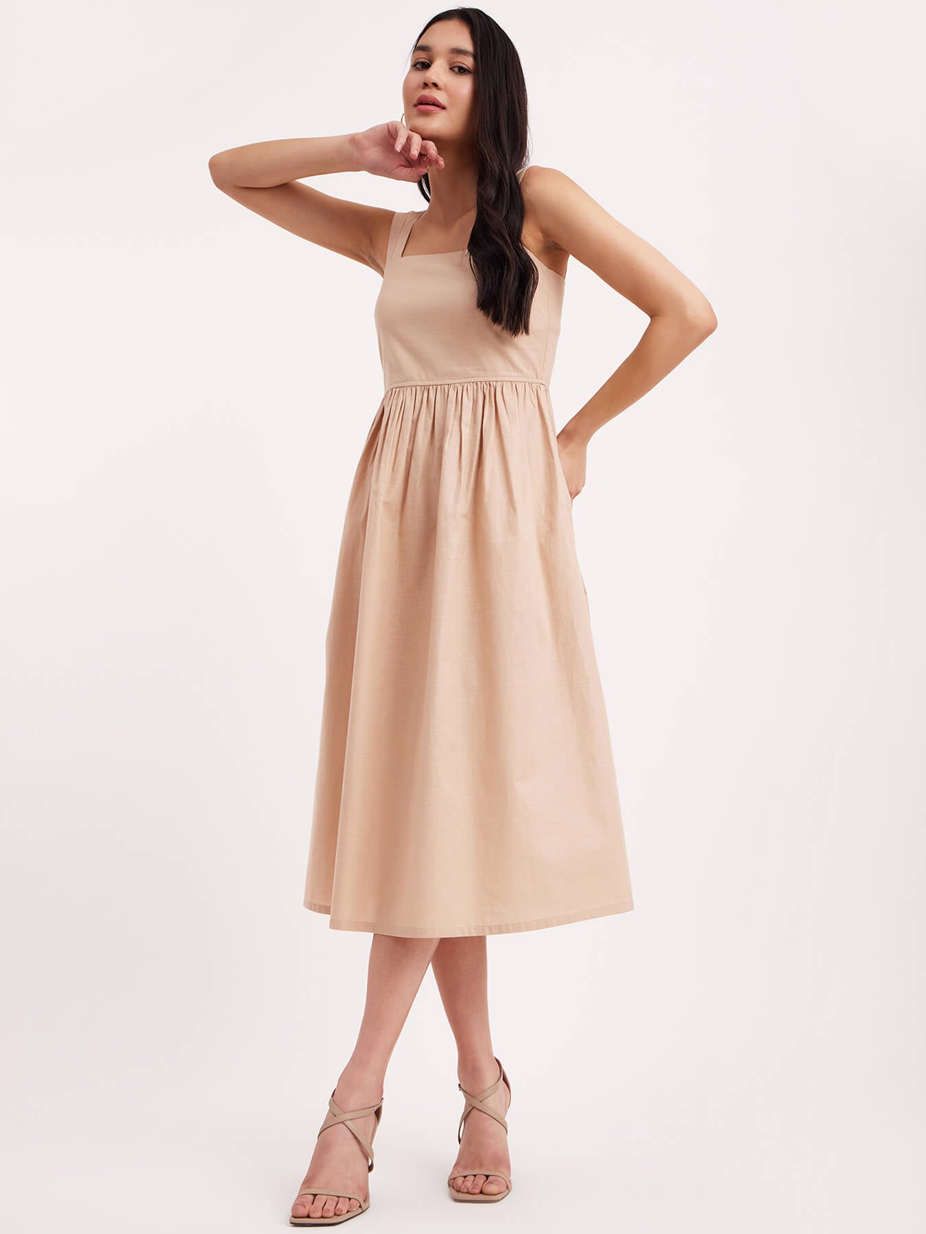 Linen Fit And Flare Dress - Beige