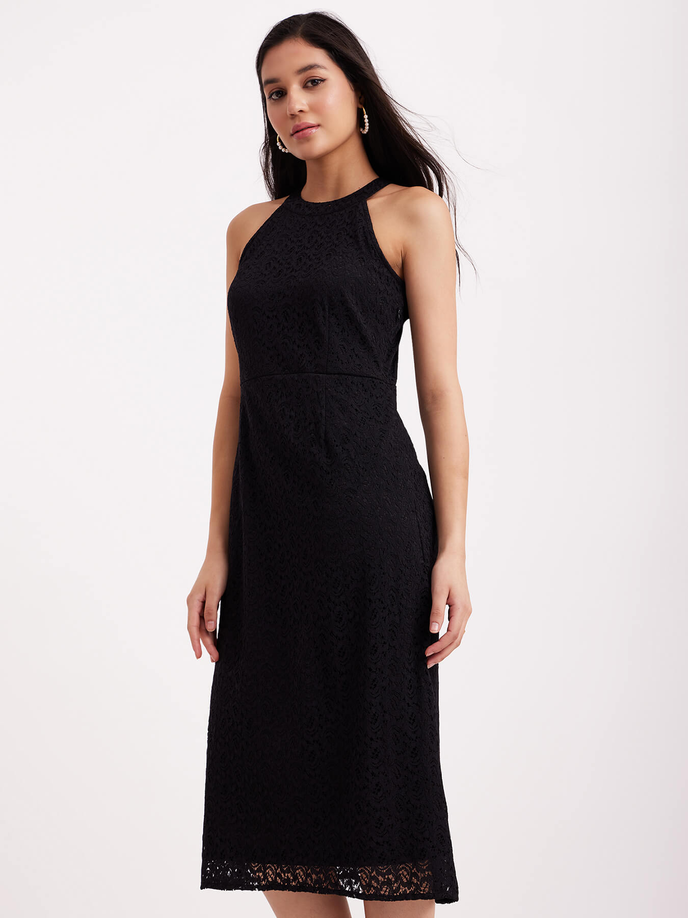 Halter Neck Lace Dress - Black