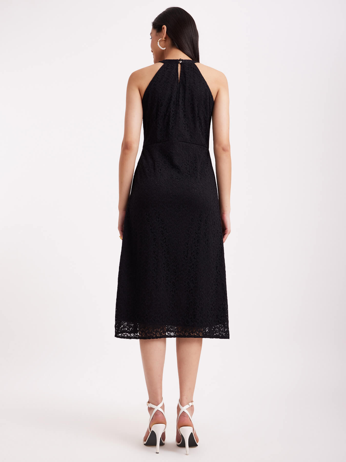 Halter Neck Lace Dress - Black