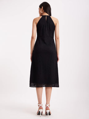 Halter Neck Lace Dress - Black