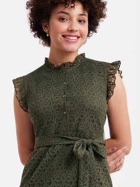 A-Line Ruffle Lace Dress - Olive