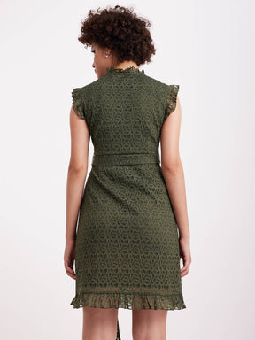 A-Line Ruffle Lace Dress - Olive