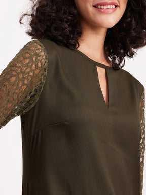 Round Neck Lace Dress - Olive