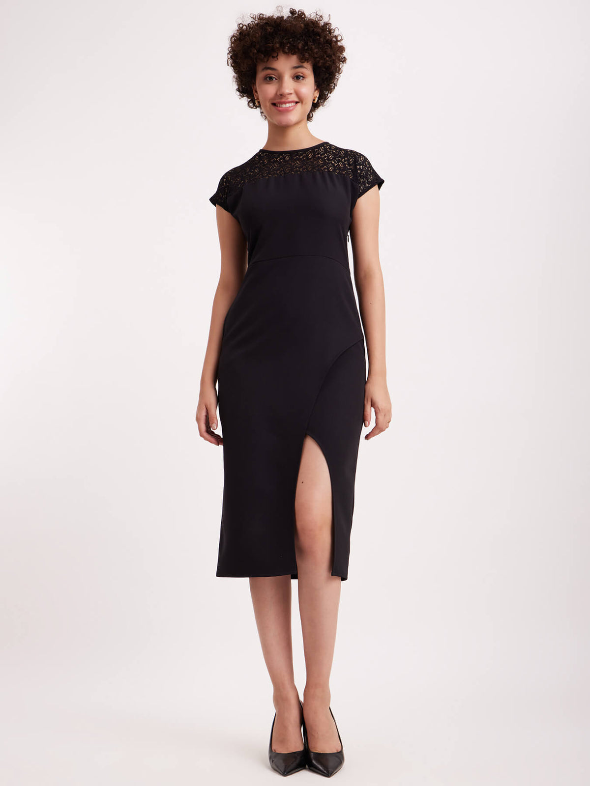 Drop Shoulder Lace Dress - Black