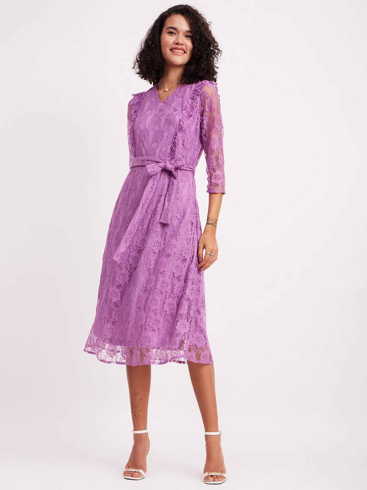 Ruffle A-Line Lace Dress - Lavender