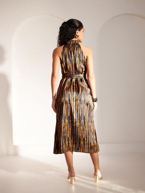 Halter Neck Abstract Print Dress - Black And Gold