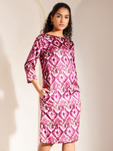 Ikkat Print Boat Neck Dress - Pink And Purple