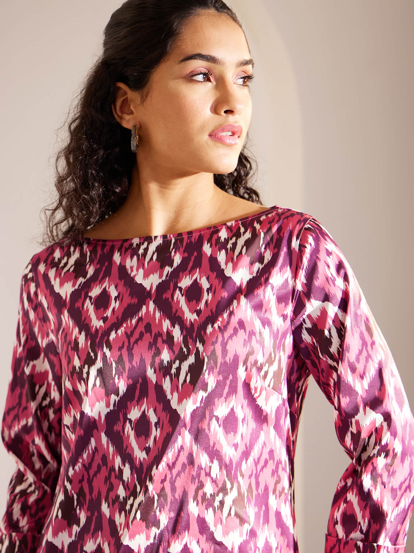 Ikkat Print Boat Neck Dress - Pink And Purple