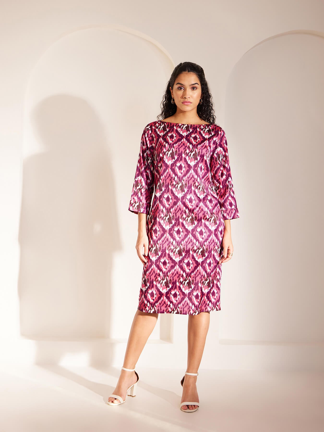 Ikkat Print Boat Neck Dress - Pink And Purple