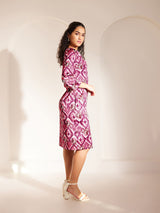 Ikkat Print Boat Neck Dress - Pink And Purple