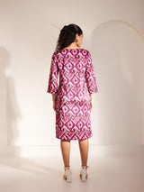 Ikkat Print Boat Neck Dress - Pink And Purple