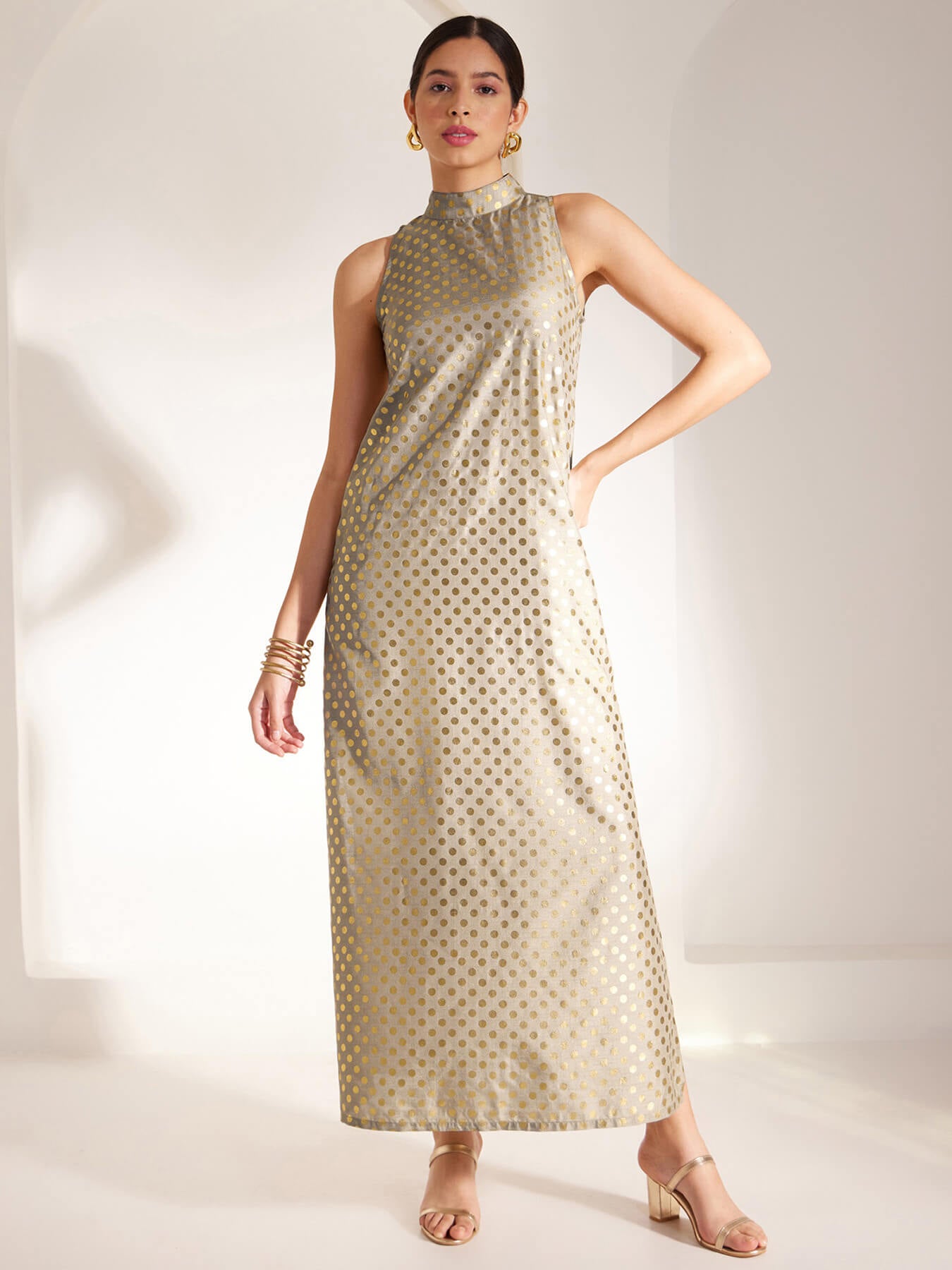 Foil Print High Neck Dress - Beige And Gold