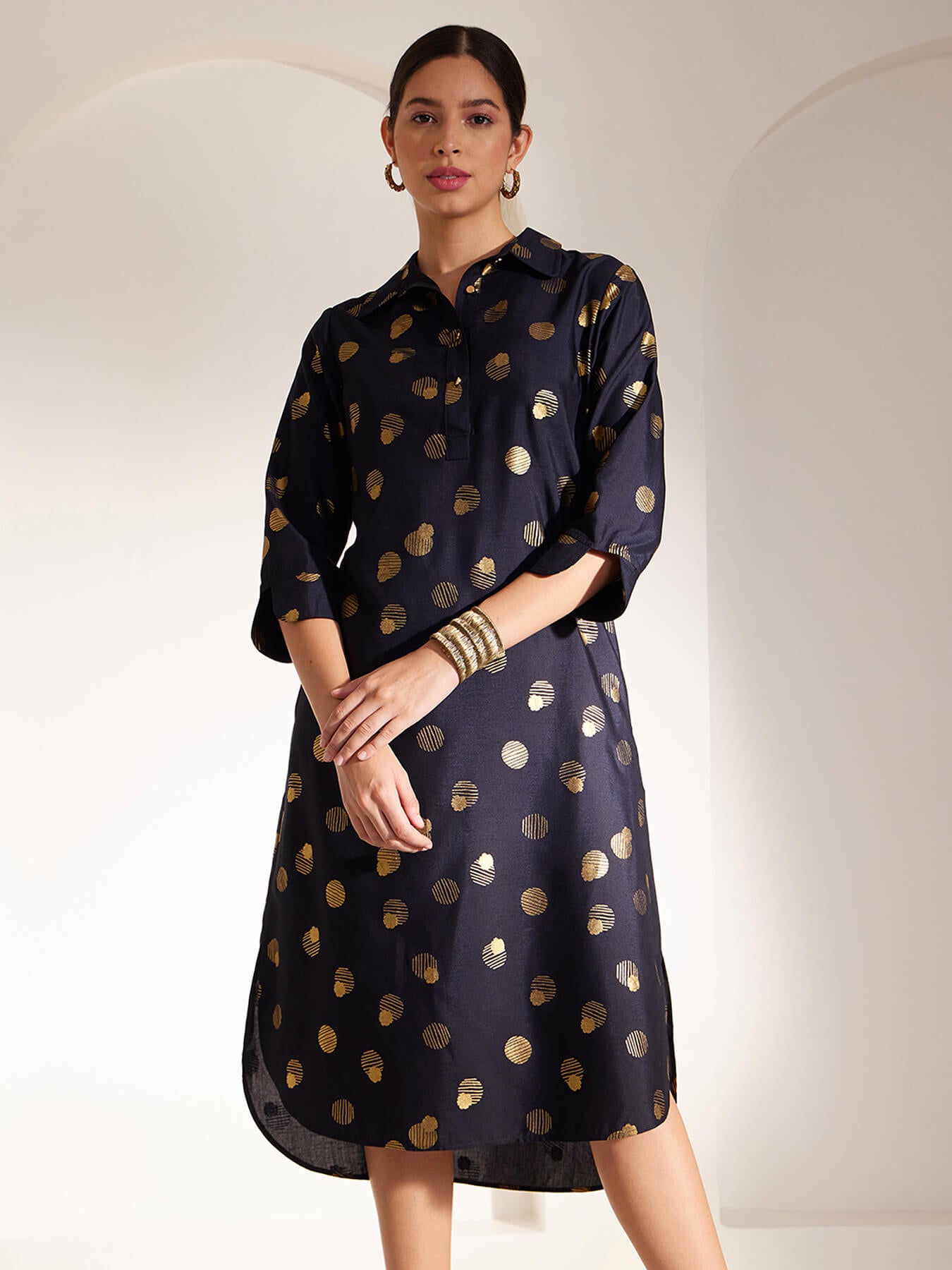 Foil Print Shirt Collar Dress - Navy Blue And Gold