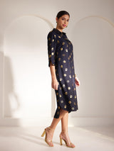 Foil Print Shirt Collar Dress - Navy Blue And Gold