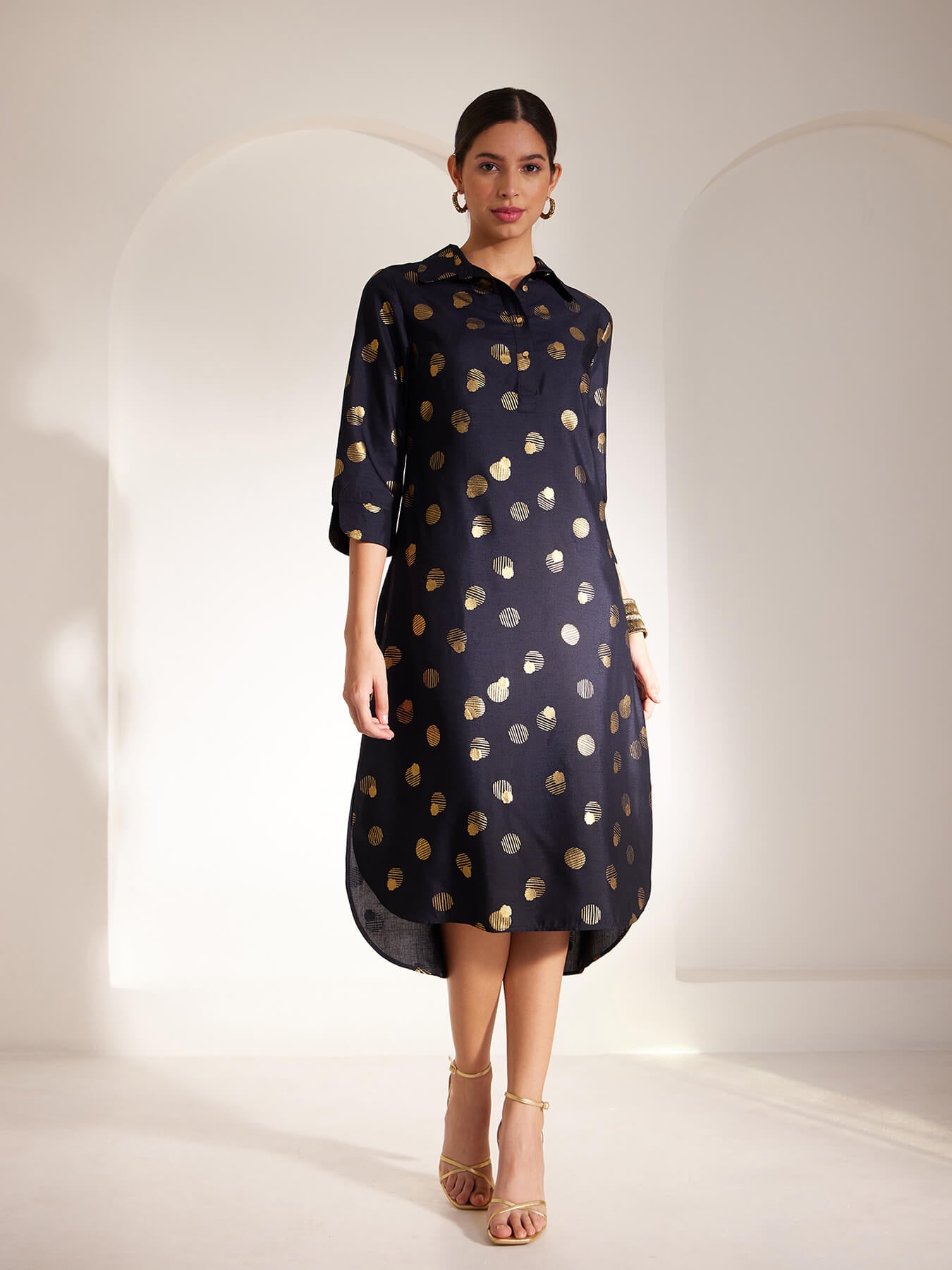 Foil Print Shirt Collar Dress - Navy Blue And Gold