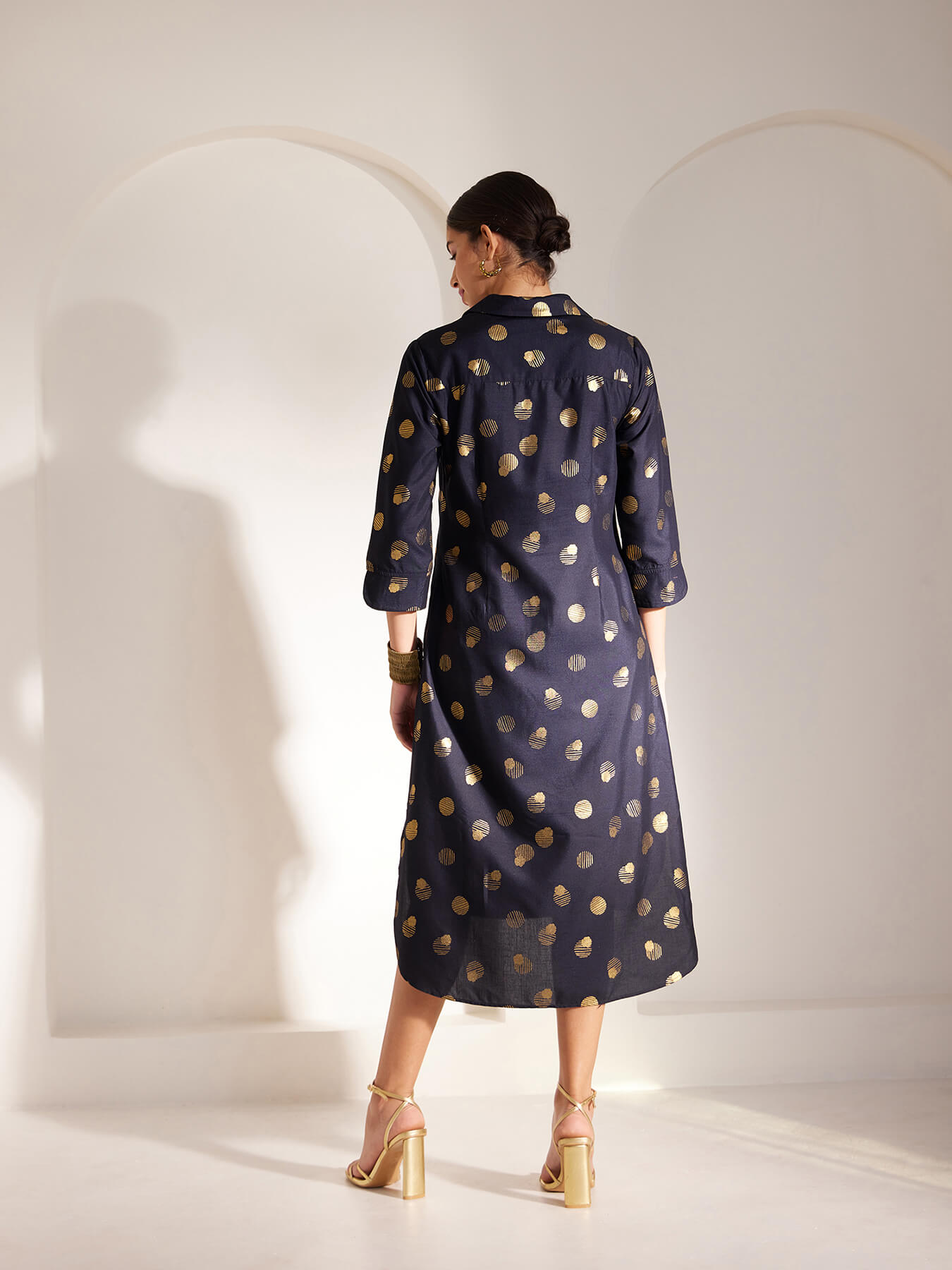 Foil Print Shirt Collar Dress - Navy Blue And Gold