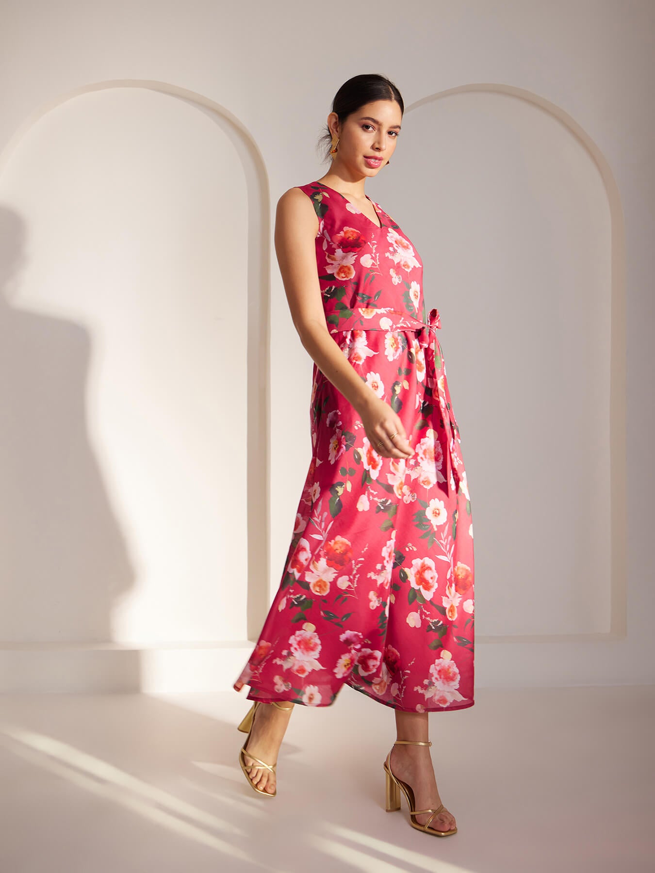 Chanderi V Neck Dress With Belt - Pink And Multicolour