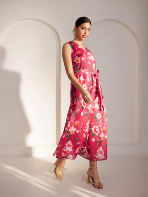 Chanderi V Neck Dress With Belt - Pink And Multicolour