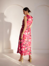 Chanderi V Neck Dress With Belt - Pink And Multicolour