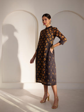 Chanderi Mandarin Collar Dress - Black And Mustard