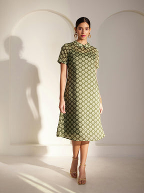 Chanderi Indian Motif Dress - Green And Off White