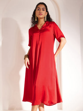 Satin Lapel Collar Dress - Red