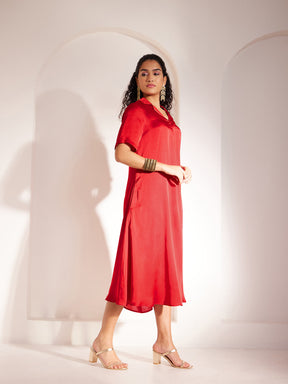 Satin Lapel Collar Dress - Red