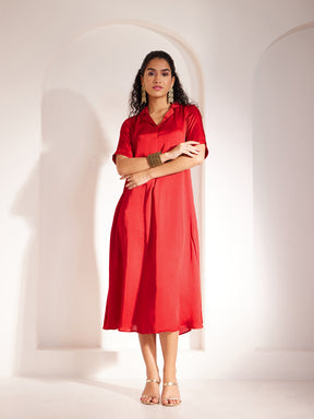 Satin Lapel Collar Dress - Red