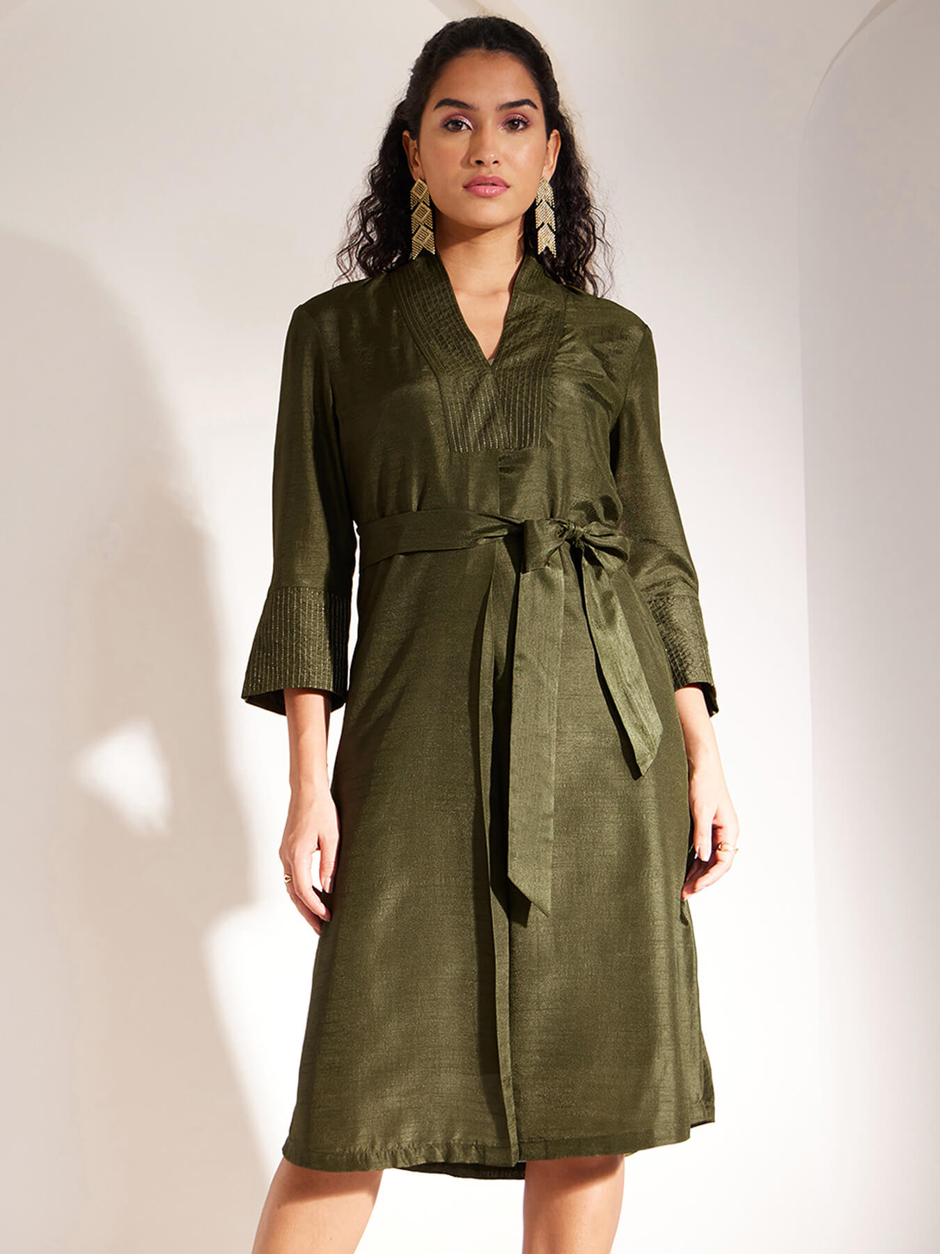 Zari Detail Front Pleat Dress - Olive