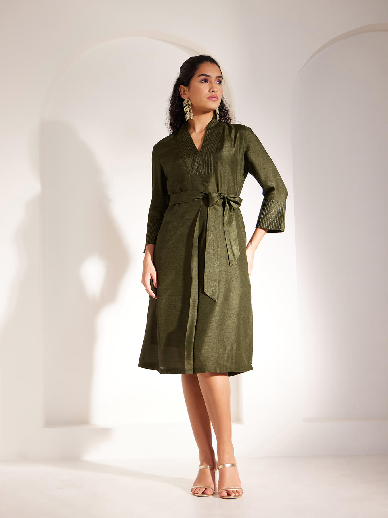 Zari Detail Front Pleat Dress - Olive