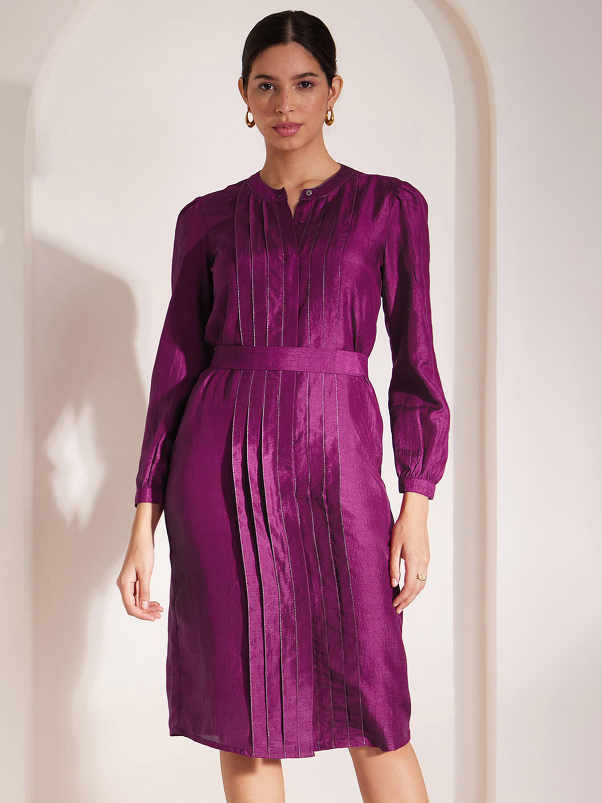 Pleat Detail Shirt Dress - Purple